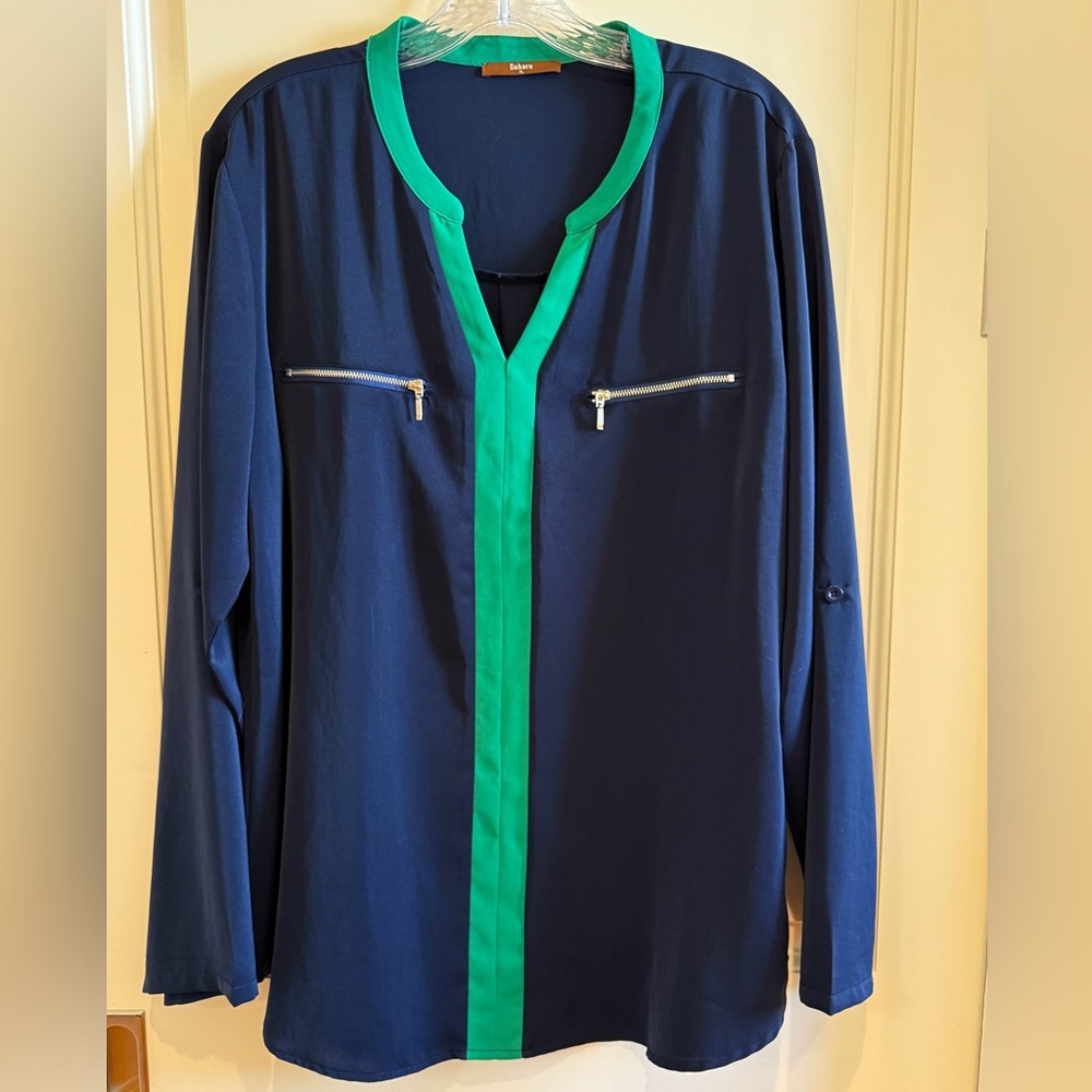 Gaharu Navy and Green Long Sleeve Roll Tab Blouse